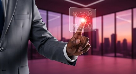 A businessman in a suit interacts with a glowing futuristic touchscreen interface displaying a circular control system