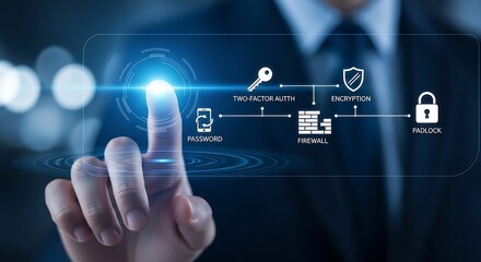 A professional interacting with a digital interface displaying security icons like fingerprint lock and encryption concepts