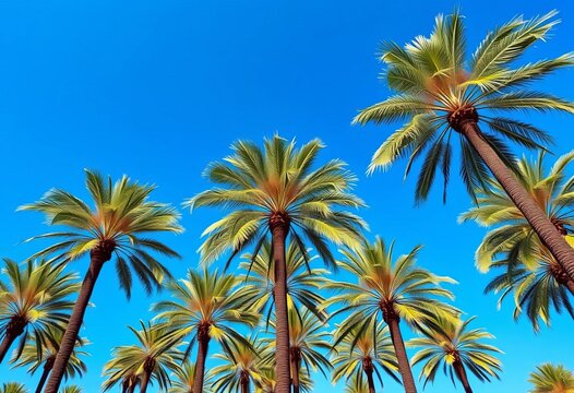 Majestic royal palms stand tall against a vibrant blue sky, paradise, columnar