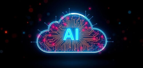 Abstract cloud icon with AI circuitry embedded, illustration, science