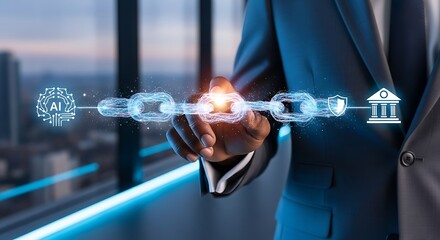 A professional interacts with a glowing blockchain interface symbolizing secure technology and future financial systems in a modern cityscape