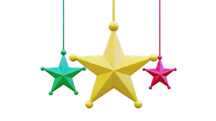 Three Hanging Star Ornaments in Red, Yellow, and Green