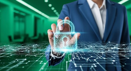 A professional in a suit interacts with a glowing digital padlock representing cybersecurity and data protection concepts
