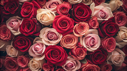 Vibrant bouquet of mixed red, pink, and white roses, full frame floral arrangement