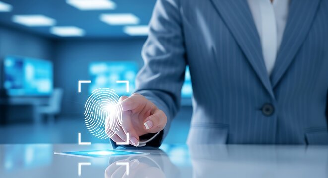 A business professional interacts with a futuristic digital interface demonstrating advanced technology and secure data access - Powered by Adobe