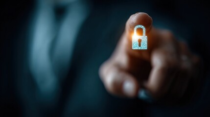 Digital Lock on Finger Demonstrating Online Security and Data Protection