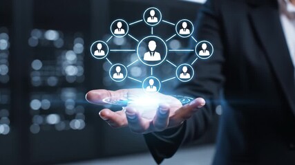 Business network hologram projecting above open hand with glowing connection nodes and node based digital teamwork communication, executive technology holographic interface visualizing networked - Powered by Adobe