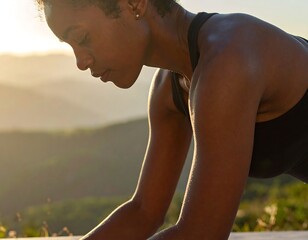 Woman in athletic wear during an exercise with mountains behind her