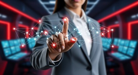 A woman interacting with a futuristic holographic network display in a high tech control room setting