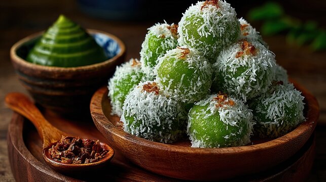 Close Up Traditional Klepon Cake Dessert with Coconut Flake Food