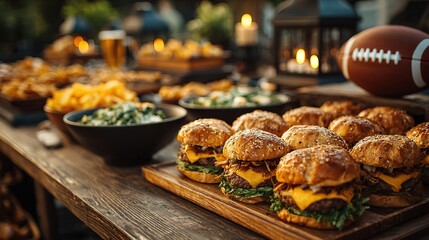Outdoor Rustic Cheeseburger and Snack Table for Tailgating Sports Event