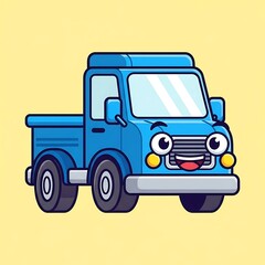 Naklejka premium Cartoon blue truck with smiling face.