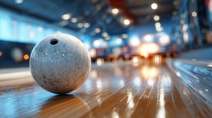 Close Up Abstract Bowling Ball on Gleaming Wooden Alley in Center