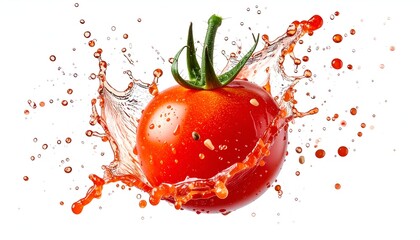 A vibrant red tomato bursts with water droplets, isolated on white