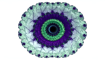Intricate, symmetrical, fractal design with layered colors and complex patterns