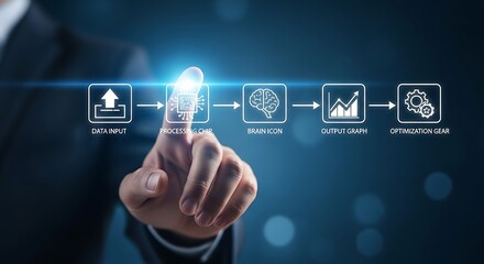 A business professional interacts with a digital interface representing data input brain activity output and optimization