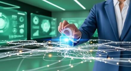 A professional interacts with a glowing holographic padlock amidst a network of data streams illustrating cybersecurity concepts