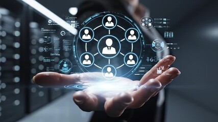 Virtual business network of professional profiles hologram glowing above hand, holographic avatar interface displaying user nodes and connection lines, digital profile connection icons palm - Powered by Adobe