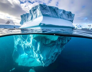 Large iceberg above and below the water surface, bright day