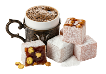 coffee cup with turkish delight cubes on white background