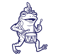 Marching frog character in uniform playing a drum with cheerful expression and attitude