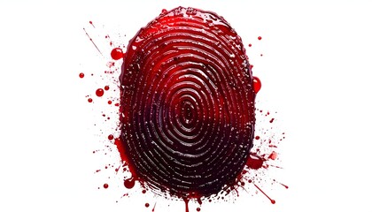 A blood-red fingerprint against a white background with splatter