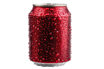Red soda can, close-up, covered in condensation drops