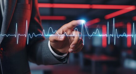 A business professional interacts with a glowing digital heartbeat waveform representing health data and technological integration