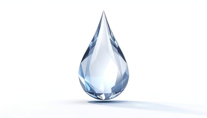 A clear, faceted water droplet suspended against a white background