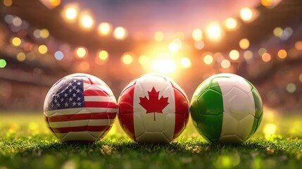 Vibrant soccer balls representing USA, Canada, and Italy on lush green field