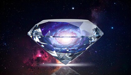 A sparkling diamond reflects a vibrant galaxy within, floating in space