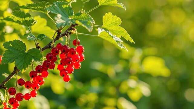 Vibrant red currants hang from a leafy branch against a bright, sun-dappled green background