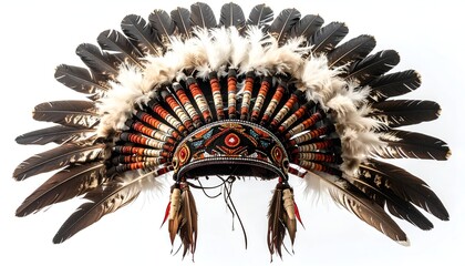 Elaborate Native American headdress with a crown of feathers and beads