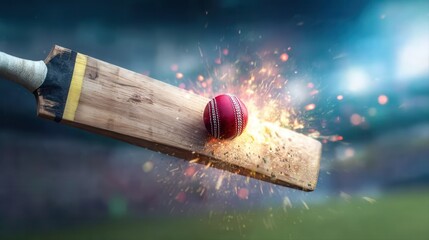 Cricket ball hitting bat with sparks flying in action-packed scene