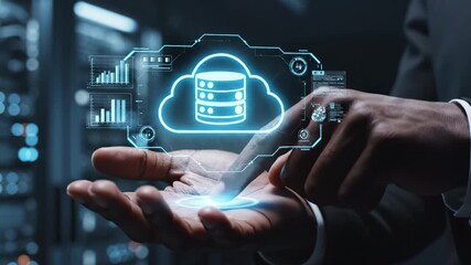 Cloud database icon floating above open palms with holographic analytics secure network interface and glowing database icon server room data center hand holding cloud storage server rack hologram - Powered by Adobe
