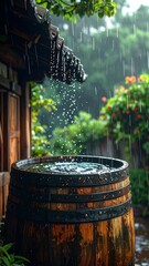 Wooden barrel catches rainwater from a rustic roof during a downpour