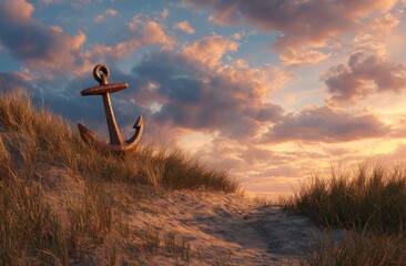 Fototapeta premium Rustic Anchor Resting on Grassy Beach Dune Under Cloudy Sky