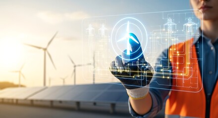A technician interacts with a digital wind turbine interface overlooking a renewable energy landscape with solar panels and windmills