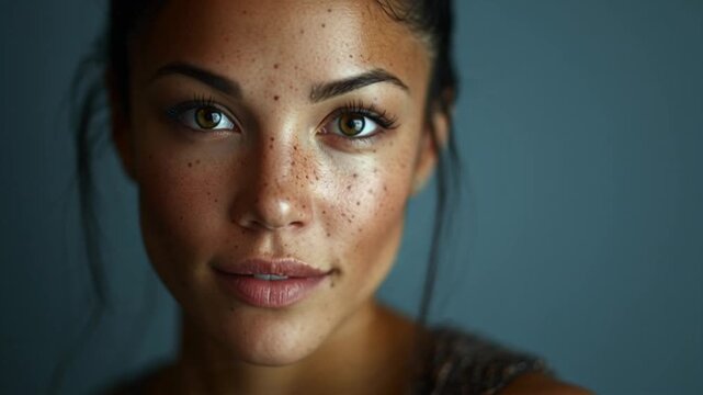 Close-up portrait of a young woman with freckles and blue eyes.