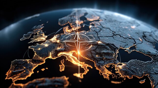 Digital Realistic Earth Globe Europe Night Lights with Alliance Symbol