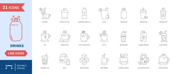 Drinks line icon set editable stroke. Beverage water coffee tea juice milk smoothie energy drink icons for cafe menu, restaurant, food app, and UI design