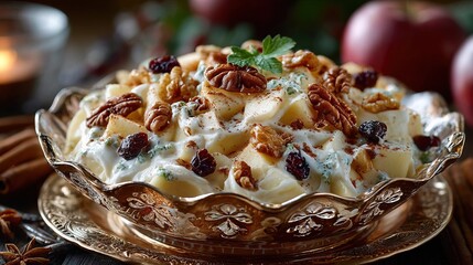 Close up Delicious Waldorf Salad with Apple Walnuts and Raisins Dish
