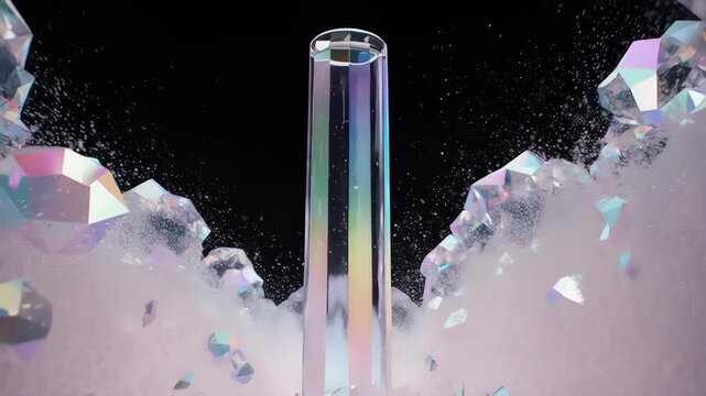 A tall, translucent object shimmers amid floating crystalline forms