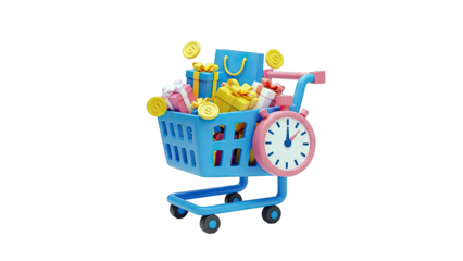 Shopping Cart Full of Gifts and Coins with a Timer