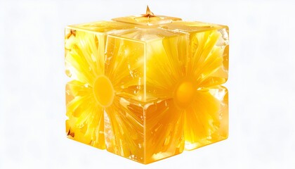 A perfectly formed cube, crafted from sections of juicy pineapple