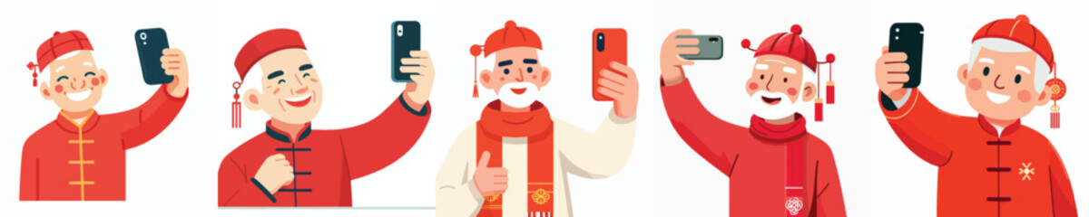 vector half body of grandfather standing happily taking selfie photo during Chinese New Year