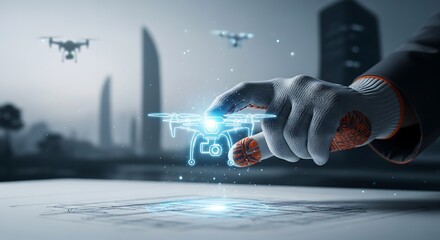 A futuristic depiction of drone technology control featuring a hand interacting with a holographic interface in a cityscape