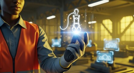 A construction worker interacts with a glowing holographic blueprint visualizing a structural design in a modern industrial setting