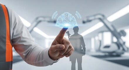 A technician interacts with a holographic brain projection symbolizing advanced technology and human machine interface concepts