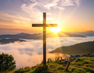 Wooden cross atop a mountain, illuminated by a sunrise